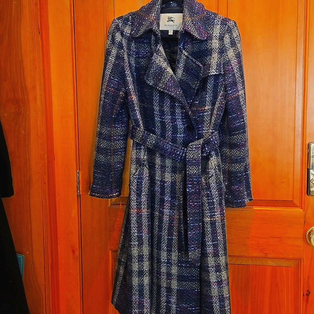 Plaid Trench Coat Burberry wool 4 6 8 Chanel-like tweed multicolor